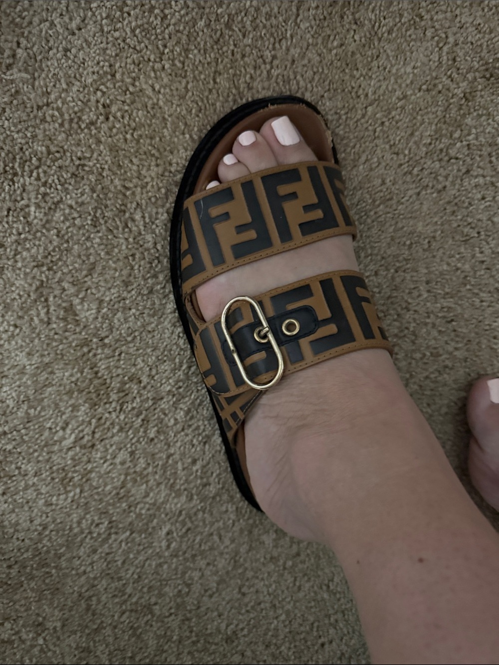 Fendi Tan and Black FF Logo Double Strap Slide Sandals - Picture 7 of 7